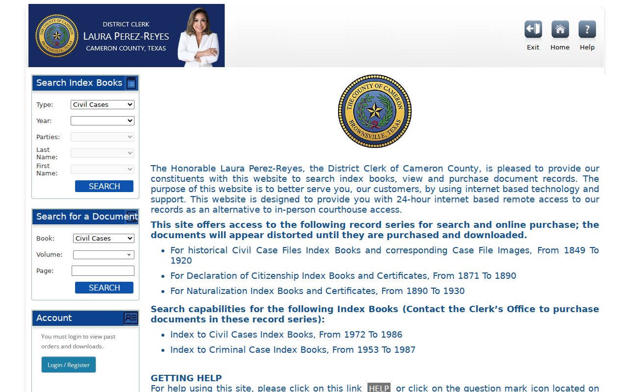 Cameron County historic court docket index search controls