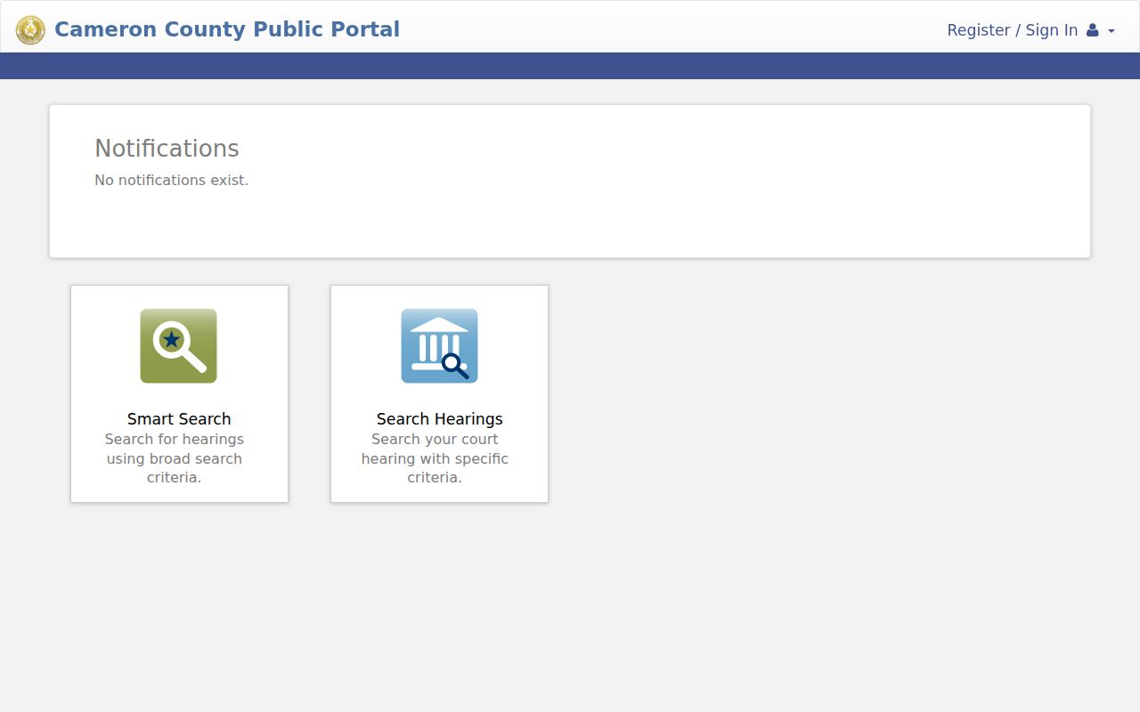 Cameron County court docket Tyler Public Portal entry screen